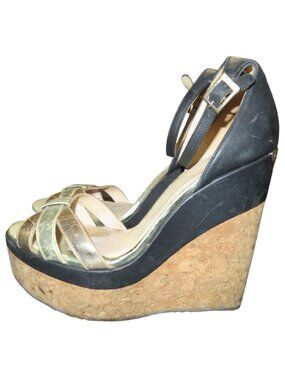 Jimmy Choo Vintage Luxury Italian Leather and Cork Ankle Strap Wedges Metallic